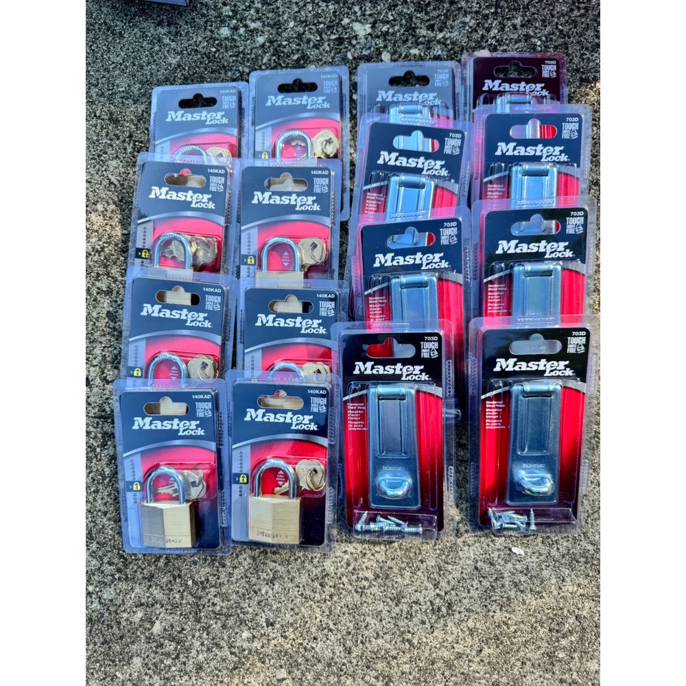 Master Lock 16pc Lot 8x 140KAD Brass Padlocks & 8x 703D Steel Hasps NEW Security